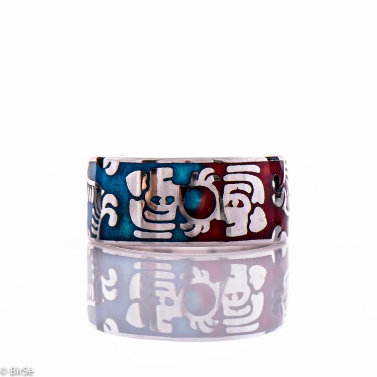 Silver Ring - Enamel Red and Blue