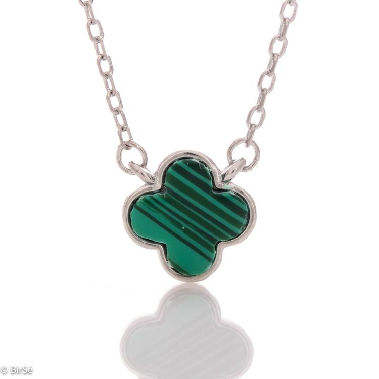 Silver necklace - Clover with Malachite