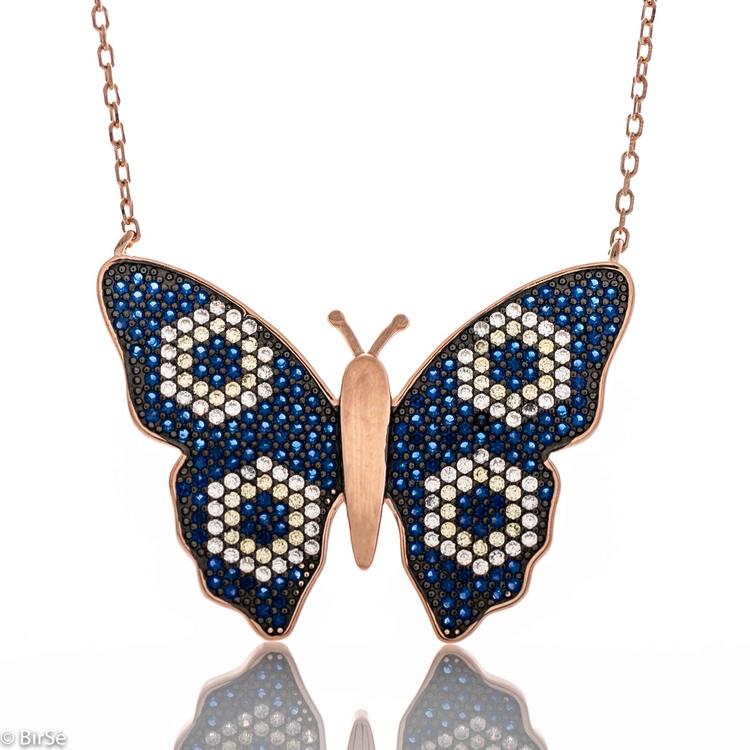 Necklace pink silver - Blue butterfly 