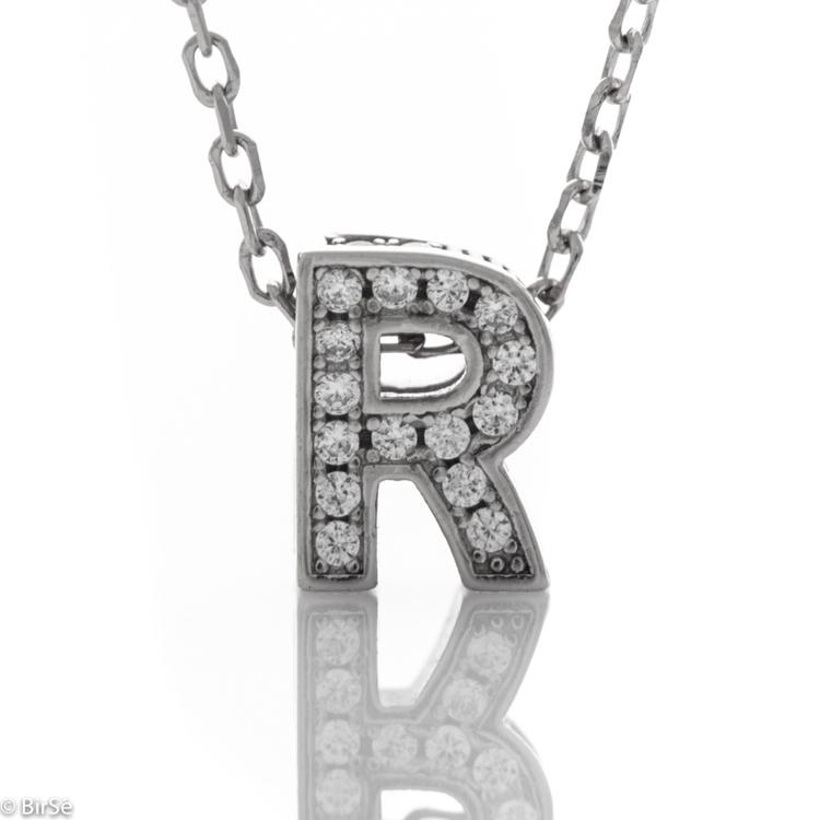 Silver necklace - letter R zircons