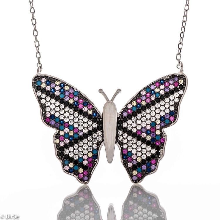 Silver necklace - Colorful butterfly 