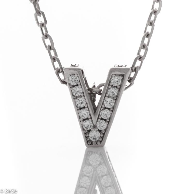 Silver necklace - letter V zircons