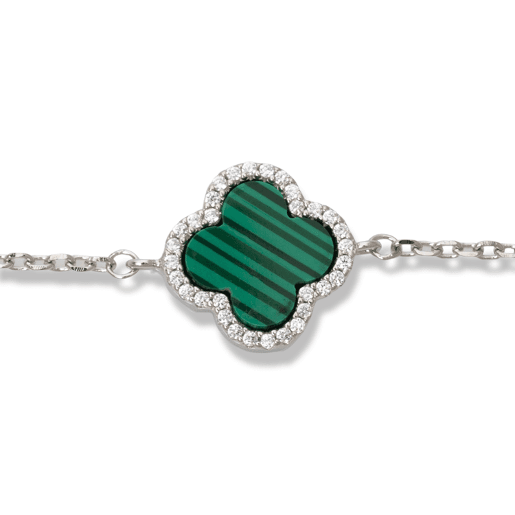 Silver bracelet - Clover Malachite and Zirconi