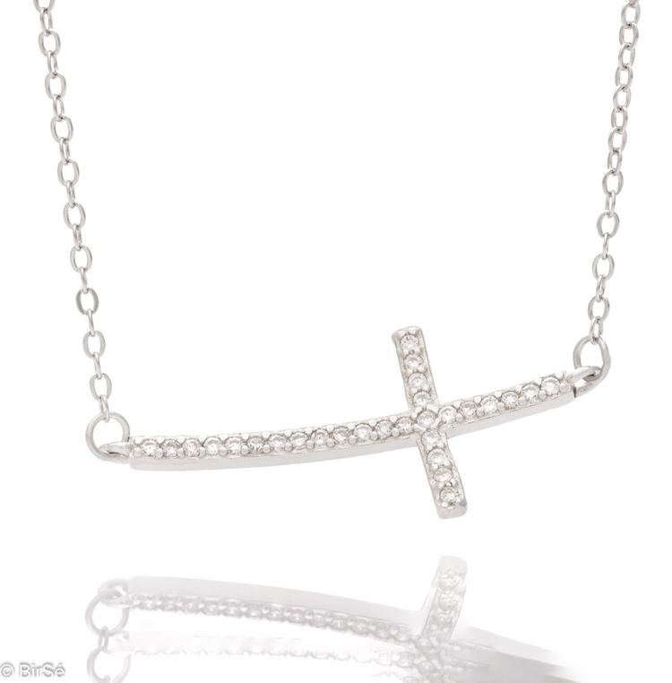 Silver necklace - Cross with zircons