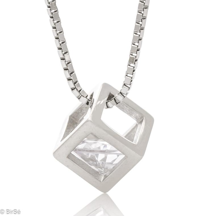 Silver Necklace - Cube with Zircon