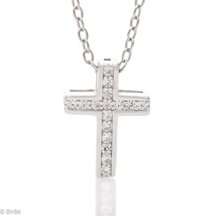 Silver necklace - Cross with zircons