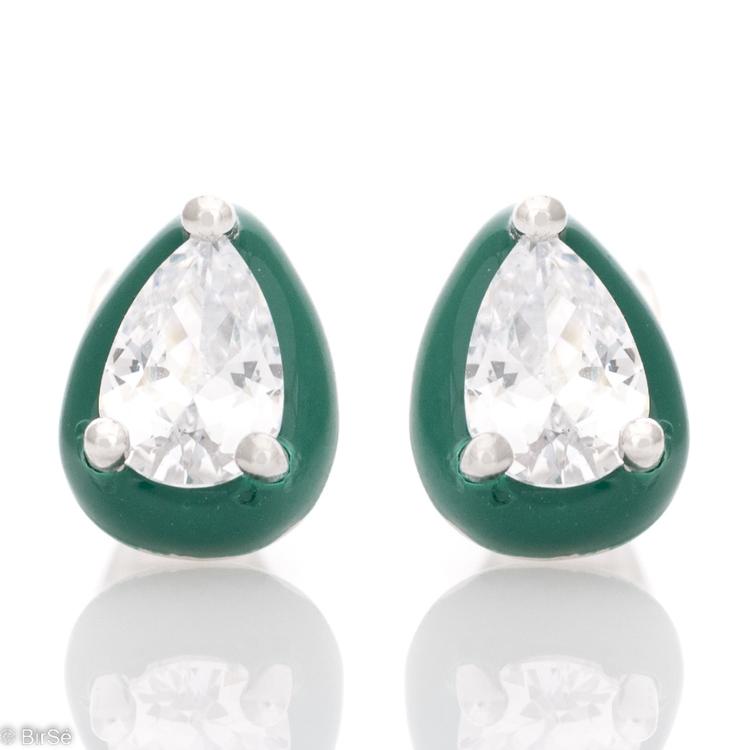 Silver earrings - Green Enamel and Zircon