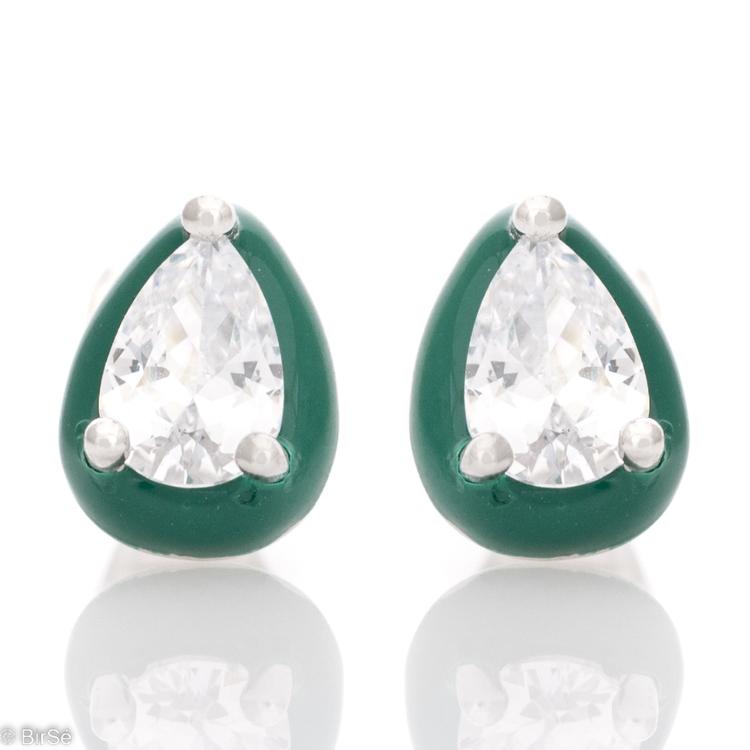 Silver earrings - Green Enamel and Zircon