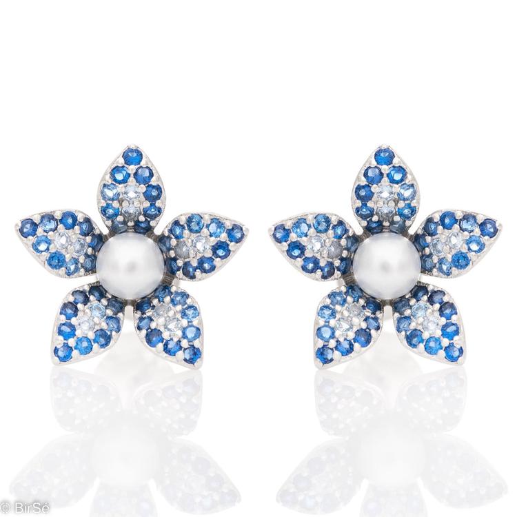 Silver earrings - Blue Flower with Pearl