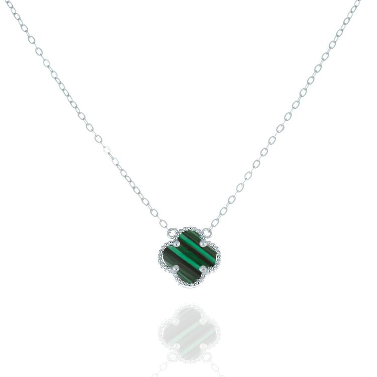 Silver necklace - Clover with Malachite