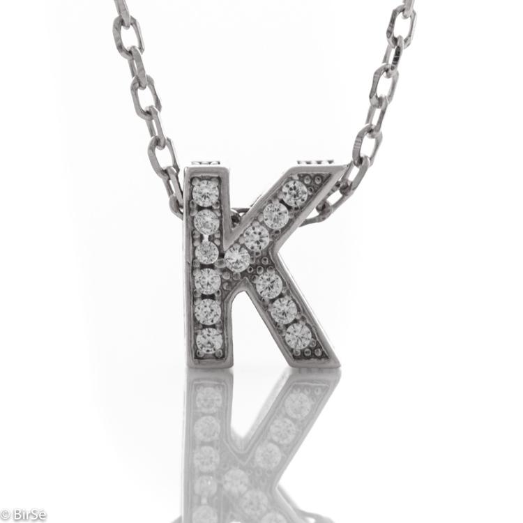 Silver necklace - letter K with zircons