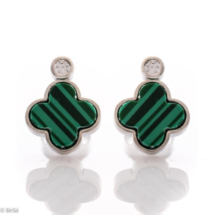 Silver earrings - Clover with Malachite