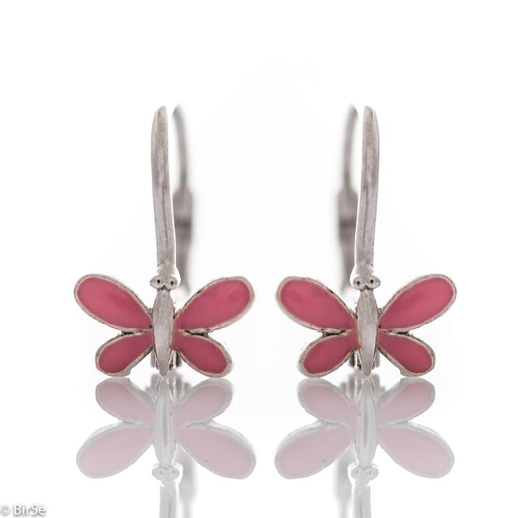 Silver earrings - Pink butterflies