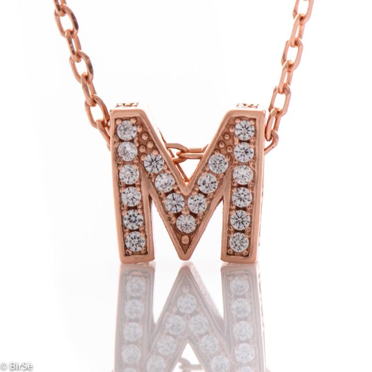 Necklace pink silver - letter M with zircons 