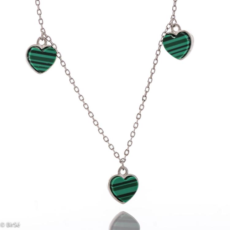 Silver Necklace - Malachite Hearts