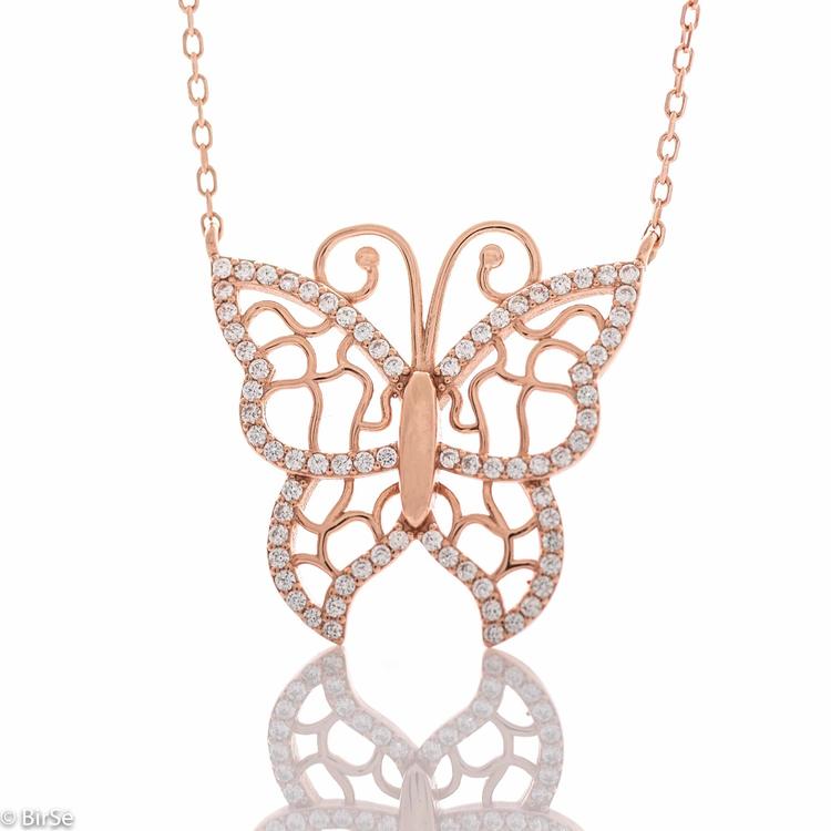 Silver necklace - Pink butterfly 