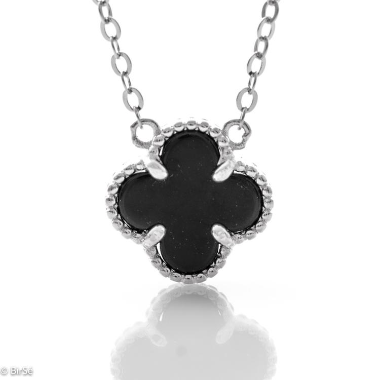 Silver necklace - Clover with Onyx