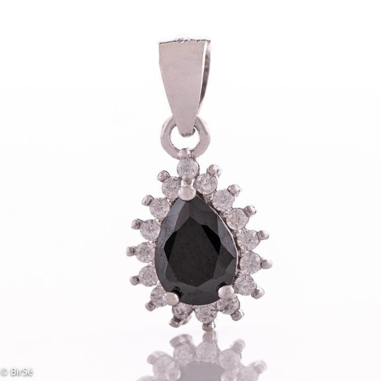 Silver Pendant - Black Zircon Drop