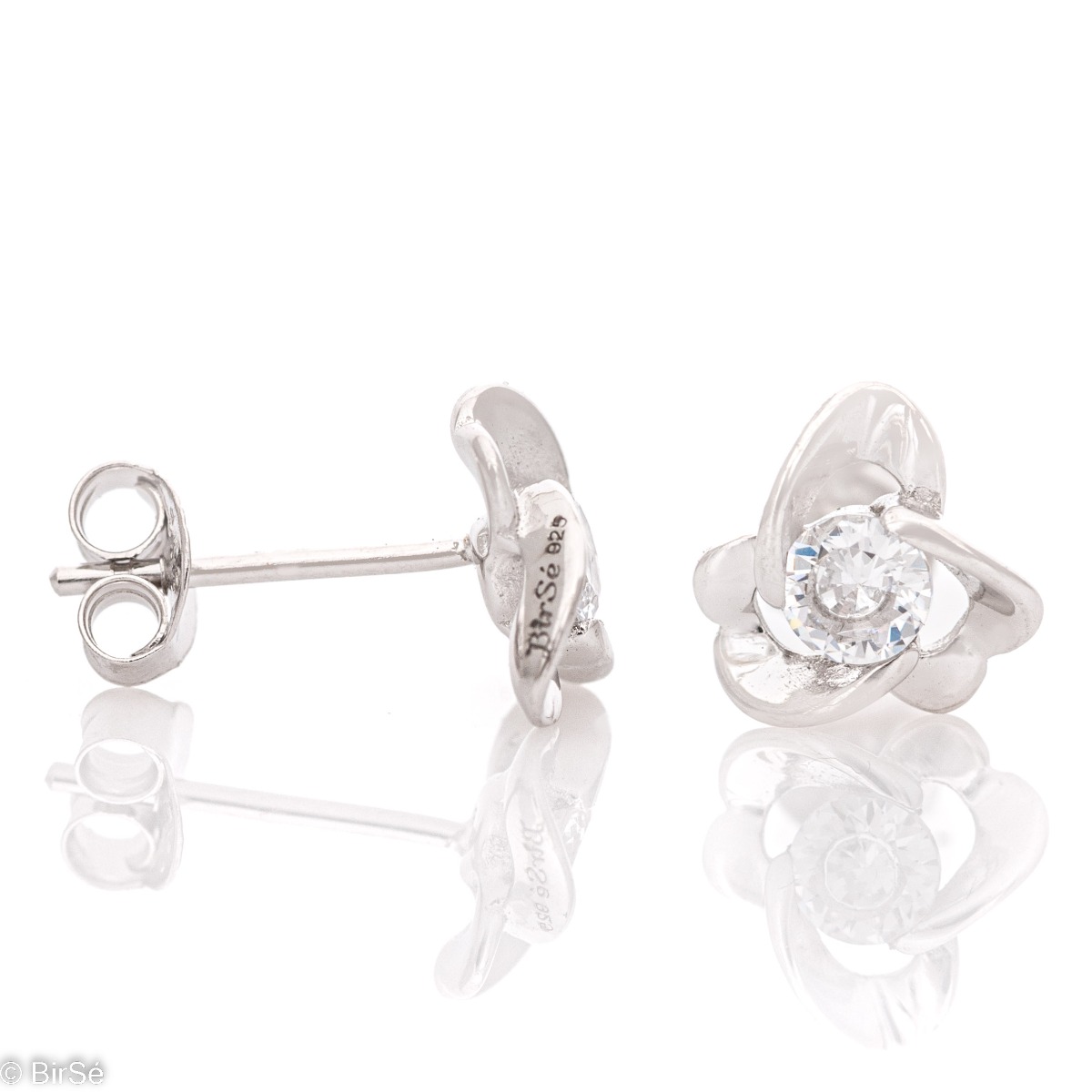 Delicate women's stud earrings with delicate flowers, complemented by a sparkling zircon in each and crafted in beautiful rhodium-plated sterling silver. Suitable for small and large ladies.