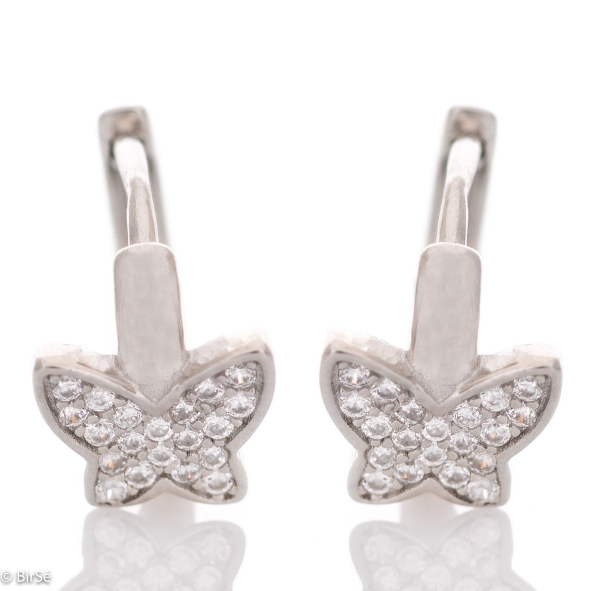 Fine women's earrings in sparkling rhodium silver and zircons, with a delicate butterfly on an elegant hoop. English fastening - preferred for children and comfortable for ladies.