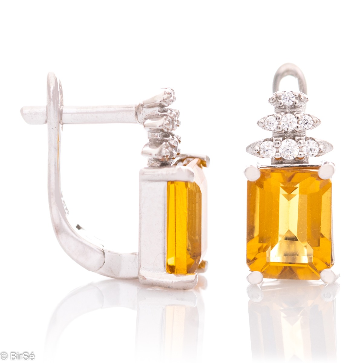 Fairytale magic – delicate rhodium silver earrings with English clasp, sun-gold citrine and zircons in an elegant design.