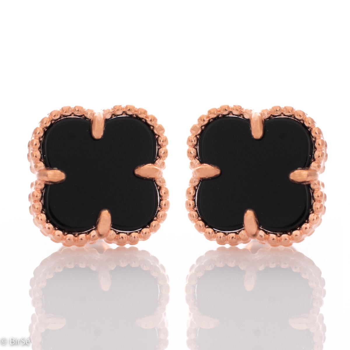 Extremely elegant women's floral style earrings made of rose silver and mystical onyx. The clasp is studded for added convenience, and these earrings will make you feel special.