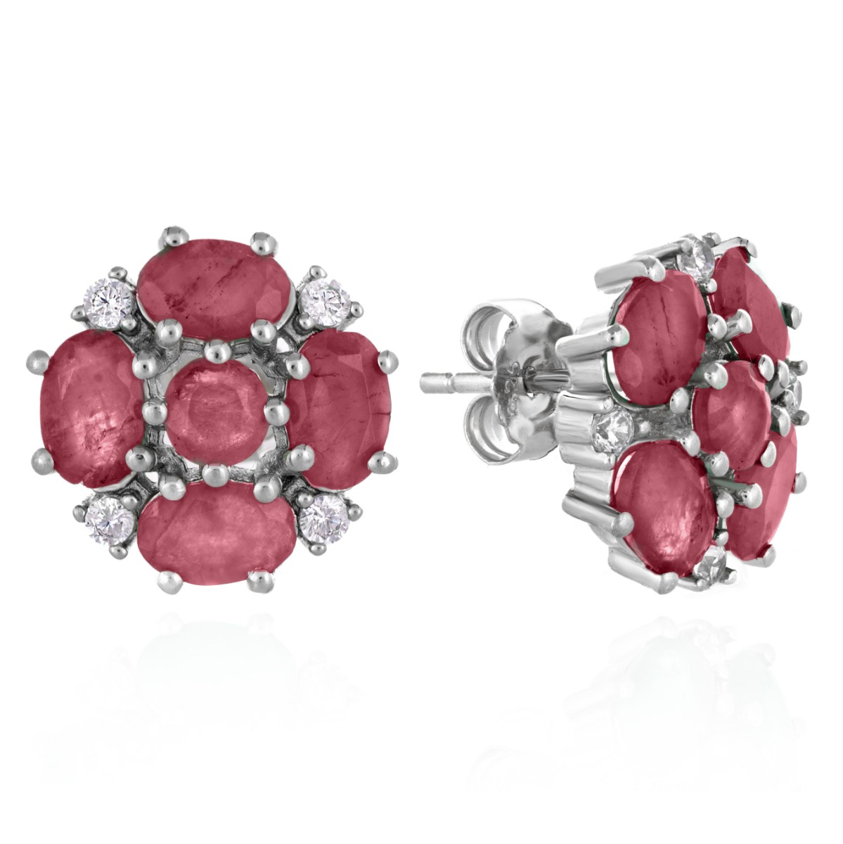 Exquisitely crafted earrings of beautiful rhodium silver and a radiant natural ruby ​​arranged in a flower shape. Our new stud earrings are part of a charming ring and pendant set.