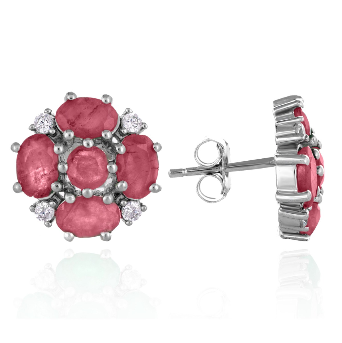 Exquisitely crafted earrings of beautiful rhodium silver and a radiant natural ruby ​​arranged in a flower shape. Our new stud earrings are part of a charming ring and pendant set.