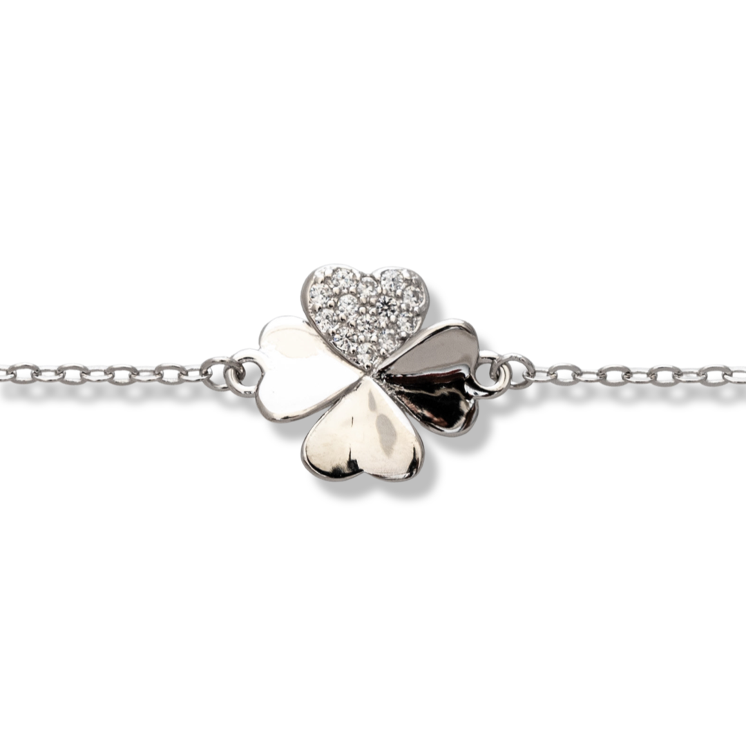 Stylish women's bracelet in rhodium-plated silver with a dainty lucky clover. The delicate women's bracelet with sparkling zircons is a great proposal from BirSe for a gift to the beloved woman.