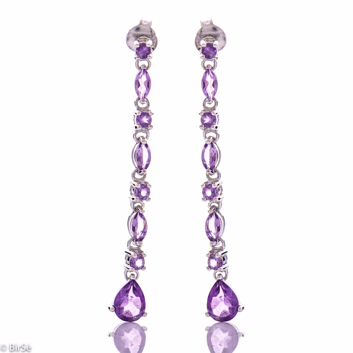 Captivating dangling silver stud earrings with colorful glow of numerous and delicate natural amethyst stones, complemented by fine craftsmanship in beautiful rhodium silver.