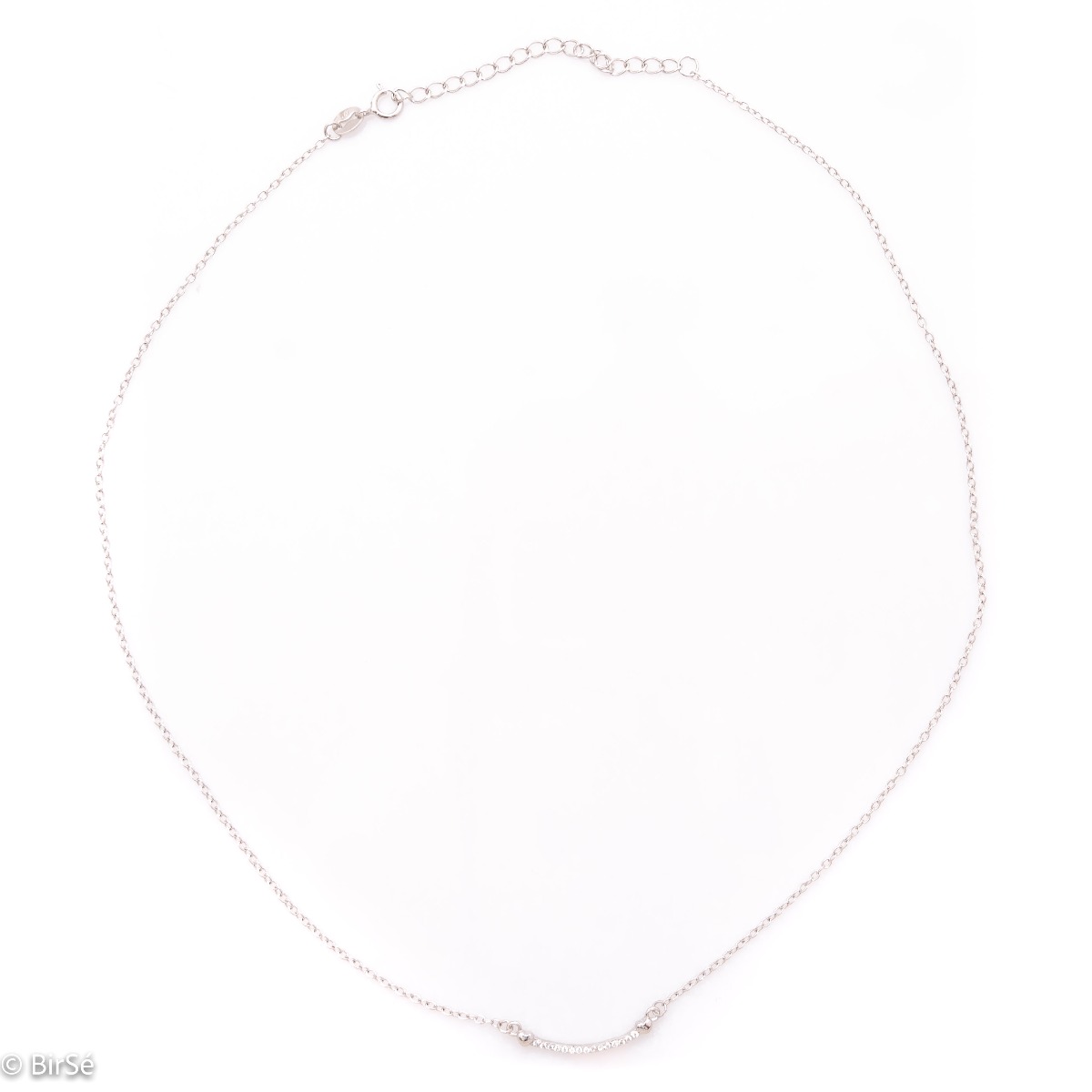 An elegant rhodium-plated silver necklace with finely worked rows of sparkling zircons. Small charming hearts are placed at both ends, connecting the zircons to the delicate chain.