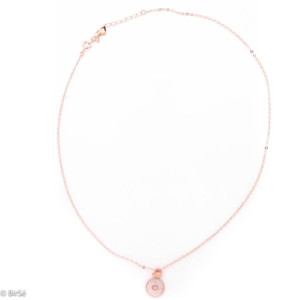 A spectacular rose silver necklace, made in the shape of a disc and covered with an exquisite mother-of-pearl. The carrier is shaped like the letter D and elegantly connects the pendant to the delicate chain.