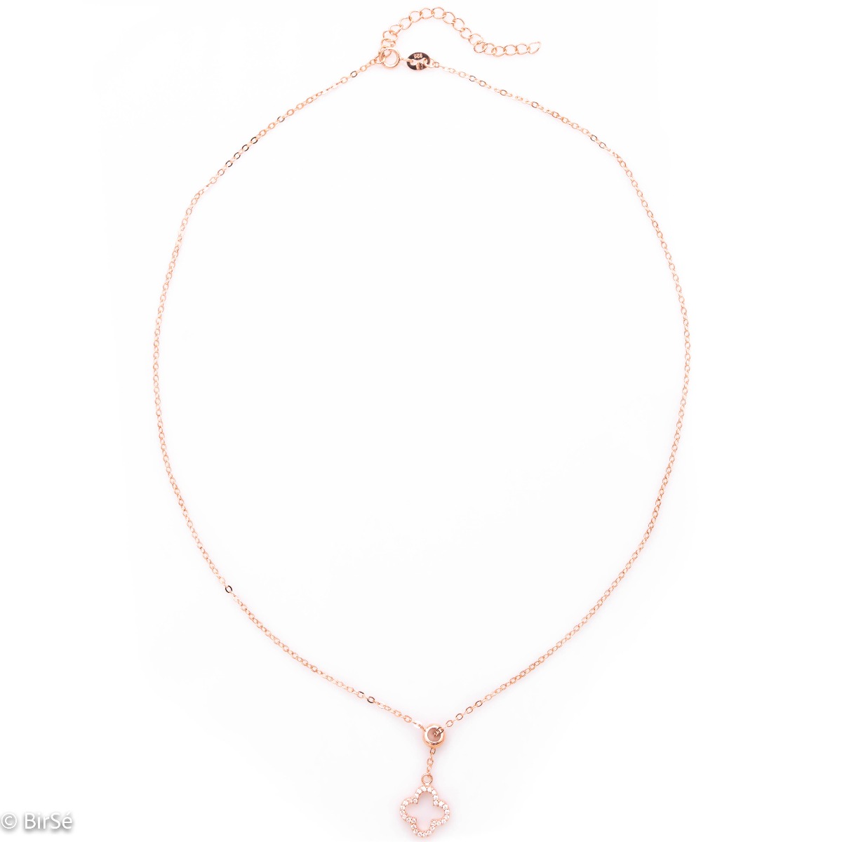 Elegant women's rose silver necklace - fully covered clover with zircons and a convenient slider on the front to adjust the length of the pendant.