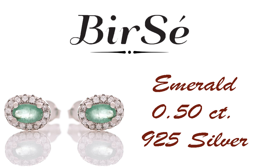 Stylish women's earrings with an elegantly shaped pattern of rhodium-plated silver and a natural emerald stone, beautifully surrounded by dazzling zircons.