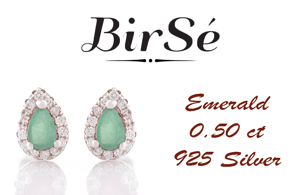 Radiant stud earrings delicately crafted in teardrop shape and fine rhodium silver, complemented by exquisite natural emerald and sparkling zircons.