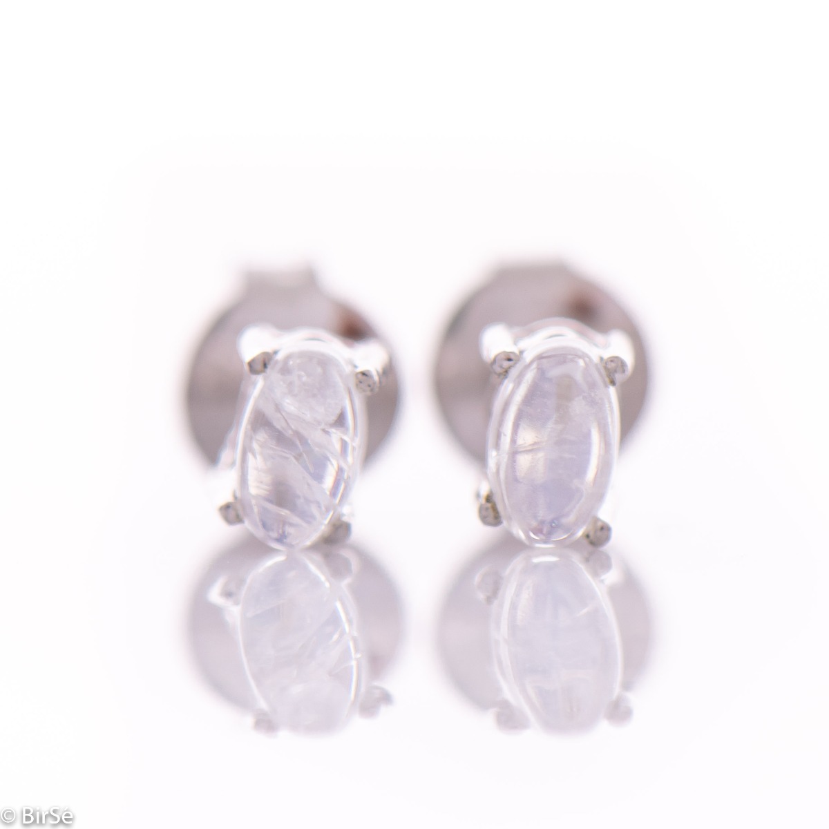 White glow of natural moonstone intertwined with delicate rhodium silver - our new fine stud earrings 5x3 mm.