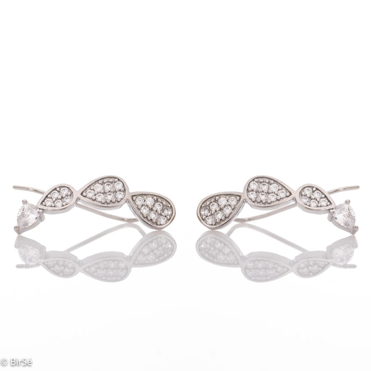 Exquisite hairpin earrings in fine rhodium-plated silver, with drop-shaped elements decorated with sparkling zircons.