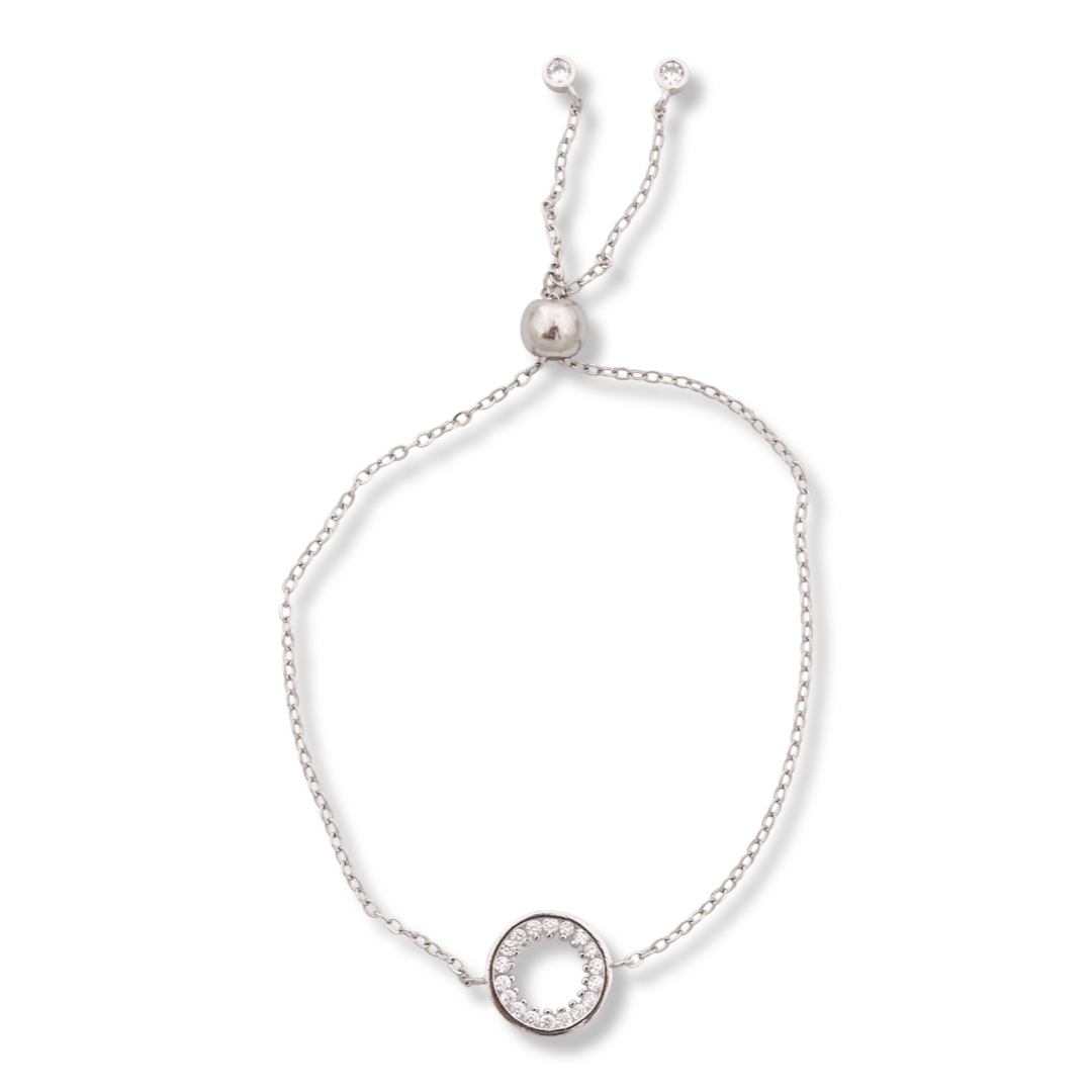 Exquisitely crafted women's bracelet, with an elegantly shaped circle of rhodium-plated silver and zircons. A perfect piece of jewelry worthy of any lady, and at the end of the chain there is a mechanism to adjust the length. The right piece of jewelery t