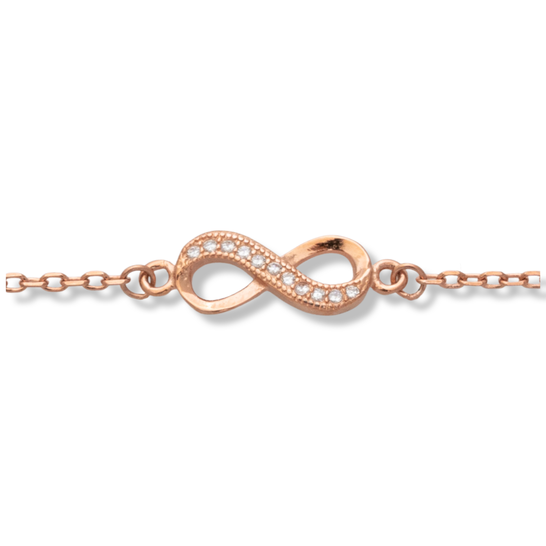 Ethereal women's jewelry made of soft pink silver with exquisite workmanship. The fine women's bracelet has a beautiful infinity, decorated with captivating zircons. The bracelet has an extension, for more convenience when adjusting the length.