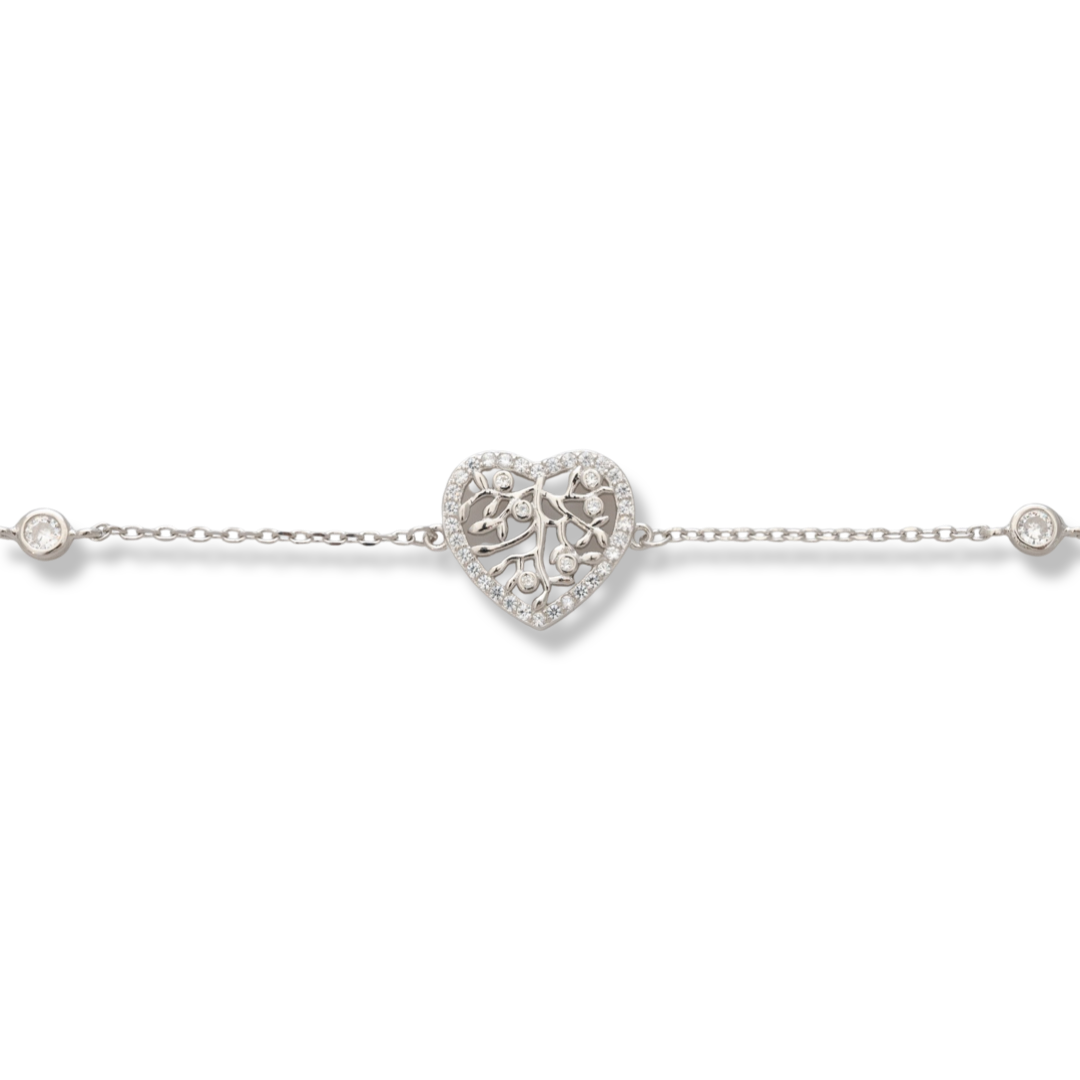 Ethereal women's jewelry made of soft silver with exquisite workmanship. The fine women's bracelet is a combination of the tree of life, elegantly crafted in a heart of zircons. The bracelet has an extension, for more convenience when adjusting the length