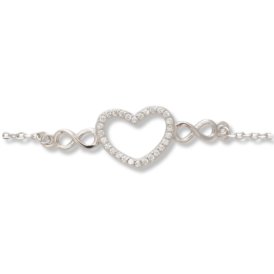 Ethereal women's jewelry made of soft silver with exquisite heartwork with zircons and ethereal infinities. The fine women's bracelet has an extension, for more convenience when adjusting the length.