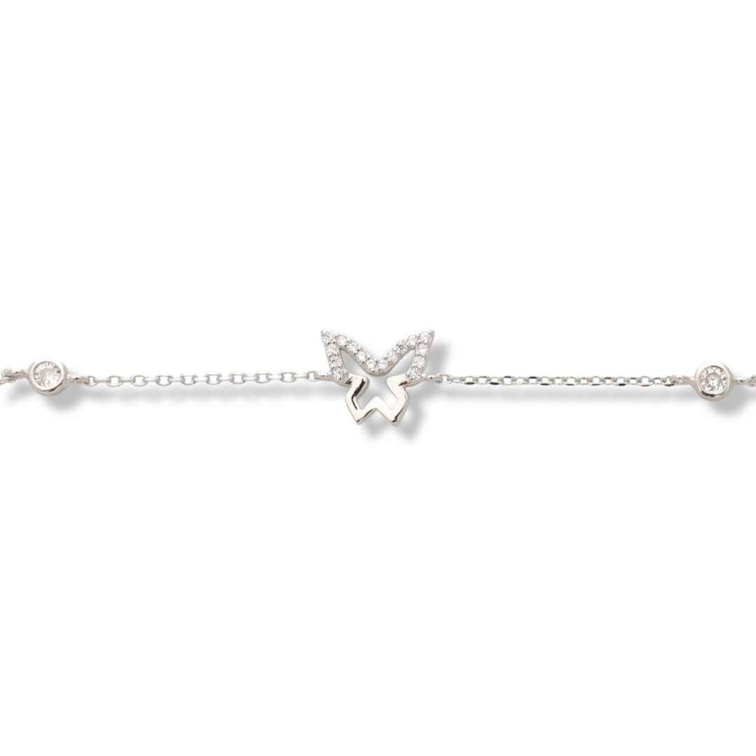 An exotic women's bracelet in soft silver with exquisite craftsmanship, decorated with an elegant butterfly and sparkling zircons. The bracelet has an extension, for more convenience when adjusting the length.