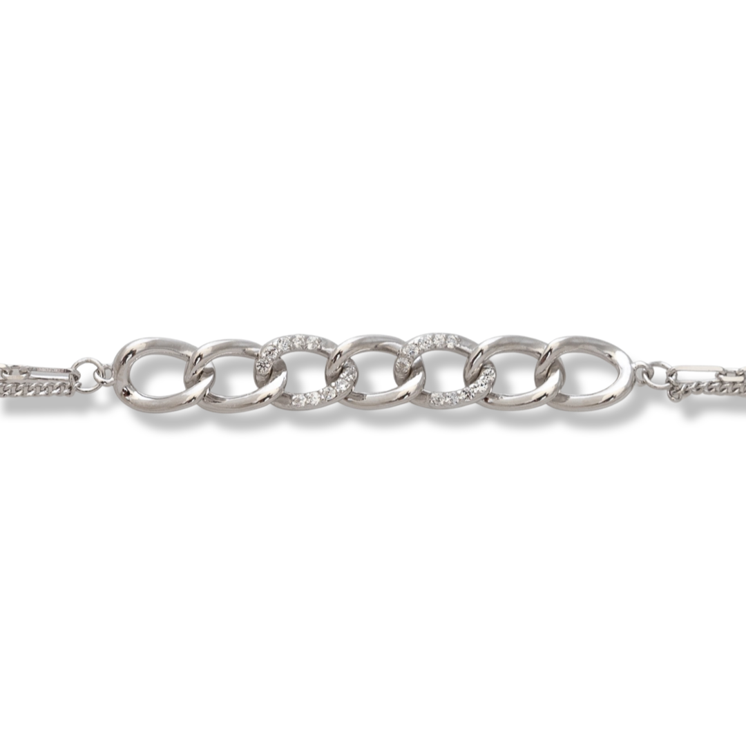 Captivating women's rhodium silver bangle with a striking design, rings decorated with zircons, held on both sides by a double chain of a different type. Jewelry is a great gift idea for any lady.