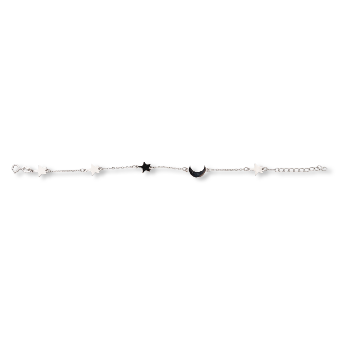 Exquisitely crafted women's bracelet, with elegantly shaped rhodium-plated silver moons and stars. Present the moon and stars to your beloved and see the pleasure in her eyes. A suitable gift for any occasion.