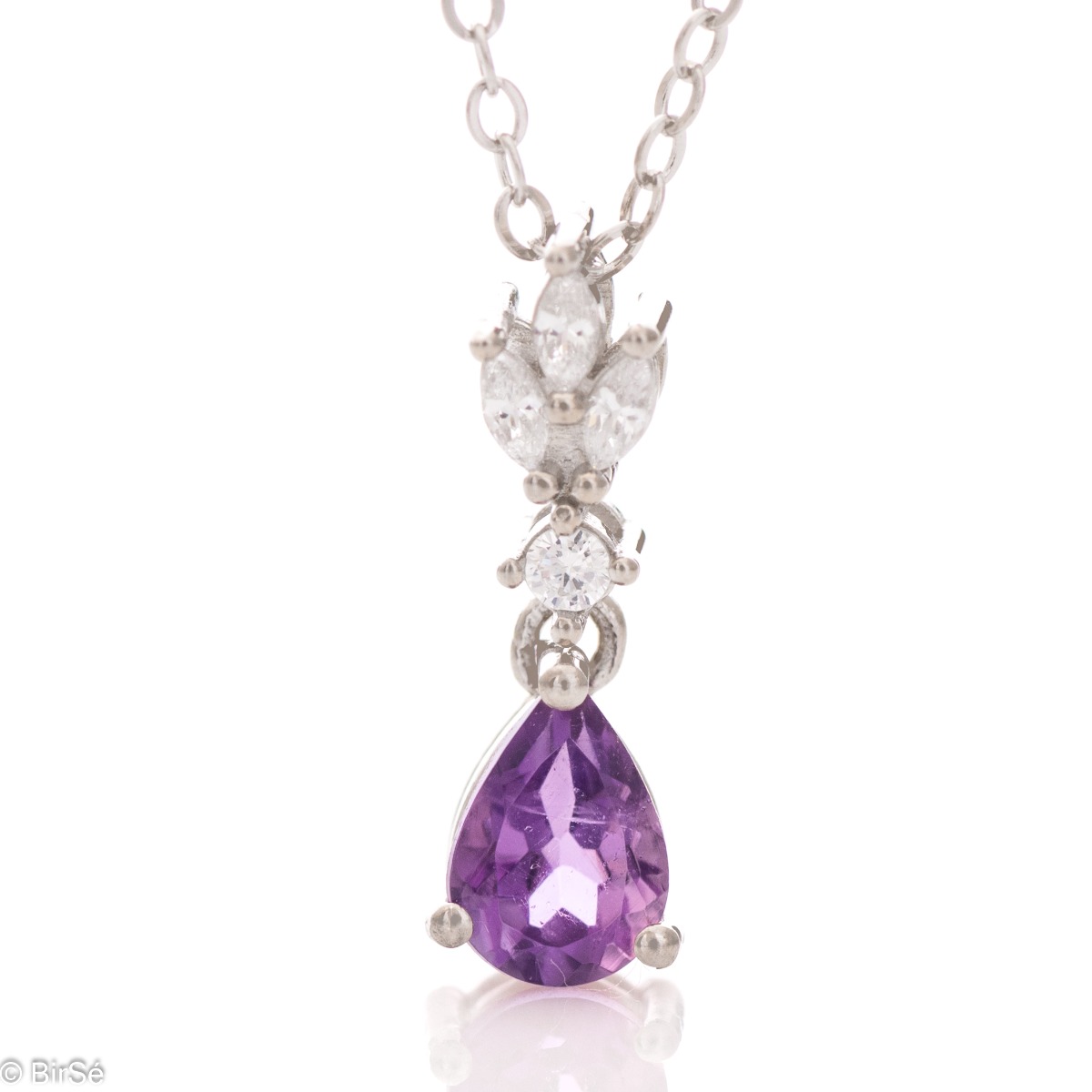 Spectacular Necklace of Rhodrano Silver with Gentle Drip-shaped Amethyst and Shiny Zirconi 0,65 ct.