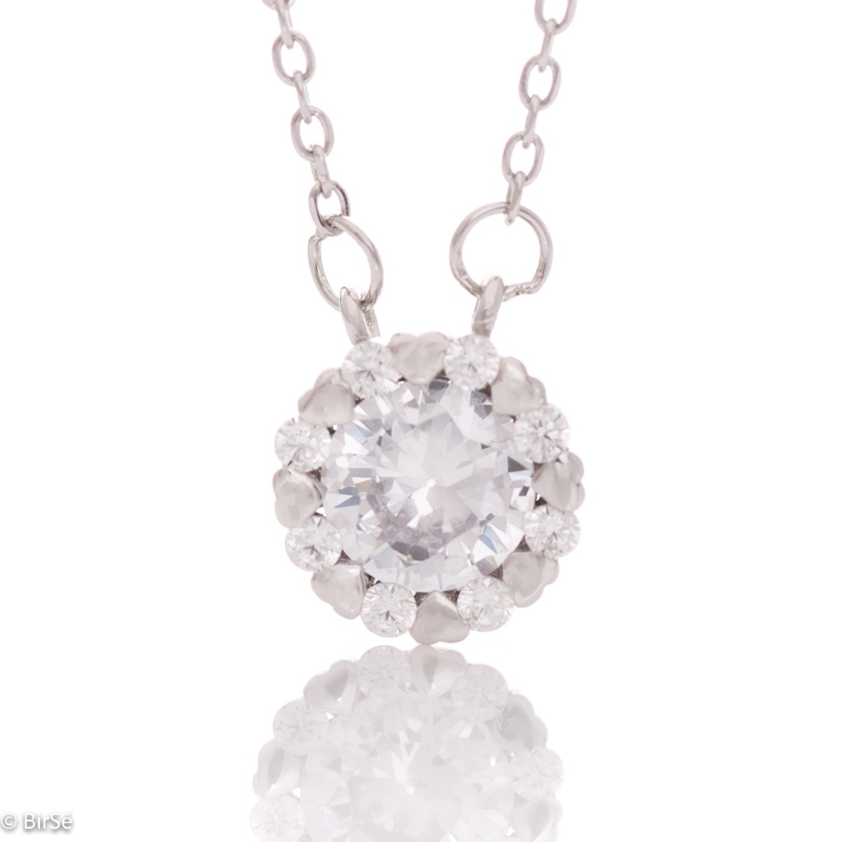 Elegant women's necklace with an exquisite design of rhodium-plated silver. The jewelry is uniquely crafted - small, delicate hearts attach a dazzling zircon, while other delicate zircons add even more sparkle and charm.