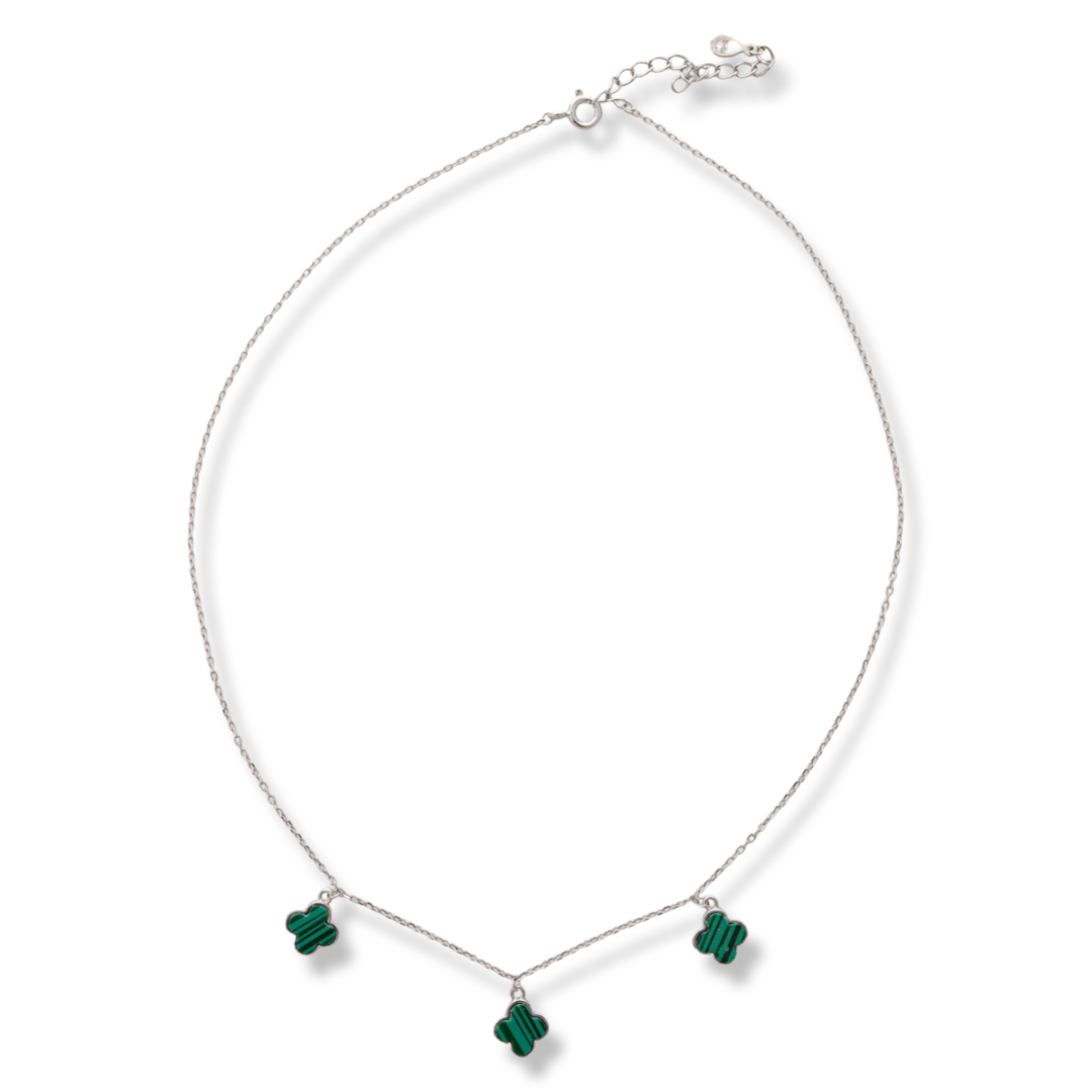 Exquisitely crafted women's necklace of fine rhodium silver, with beautifully shaped pendants - shamrocks of magnetic malachite.