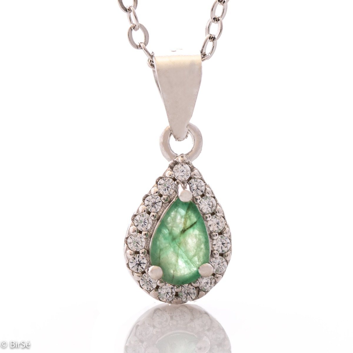 Enchanting Silver Necklace with Drop of Natural Emerald and Zirconi