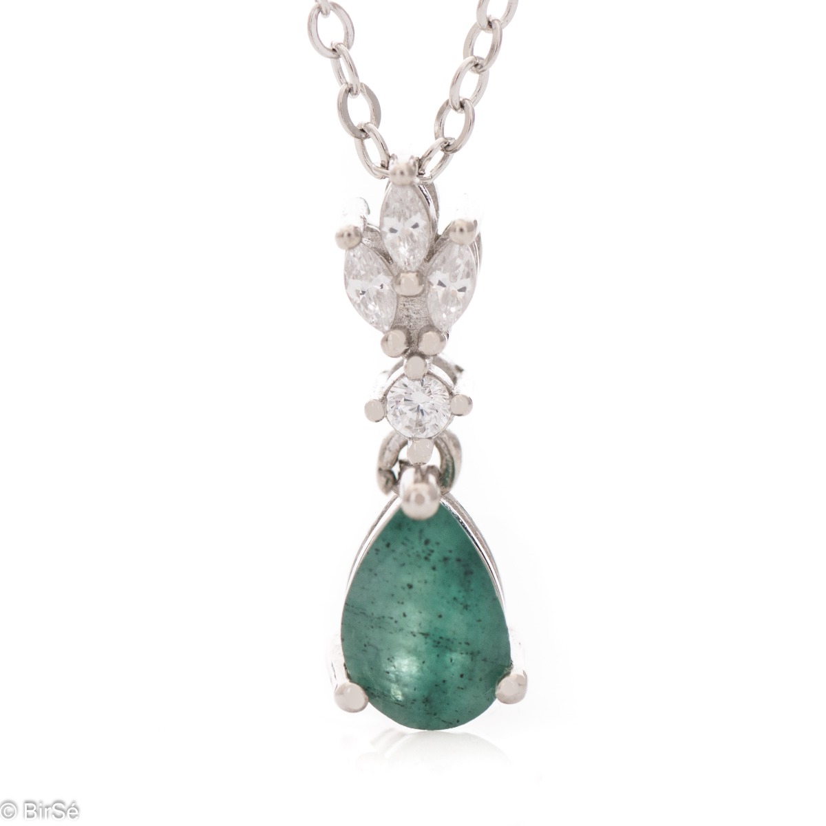 Elegant Ladies Necklace with Amazing Drop-Shaped Emerald and Tender Zircons 0,70 ct.