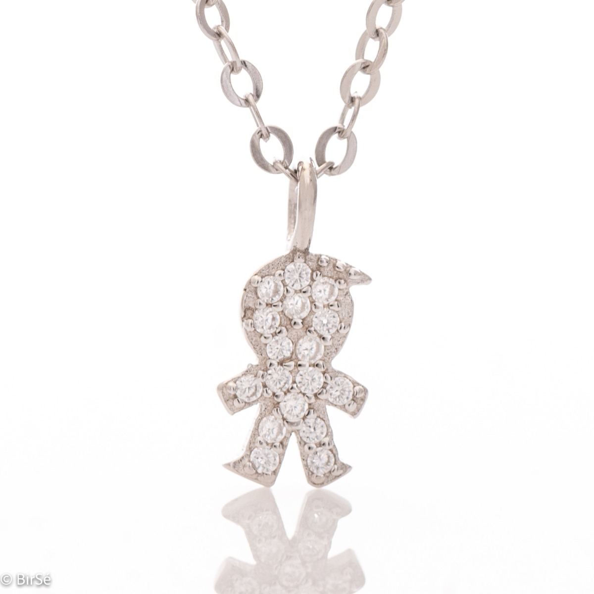 A charming delicate necklace of fine silver with a design of a little boy, studded with countless glittering zircons. The necklace is a suitable gift for a young mother of a newborn baby boy.